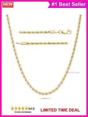 14K Gold Plated Rope Chain Necklace Lobster Clasp 30in